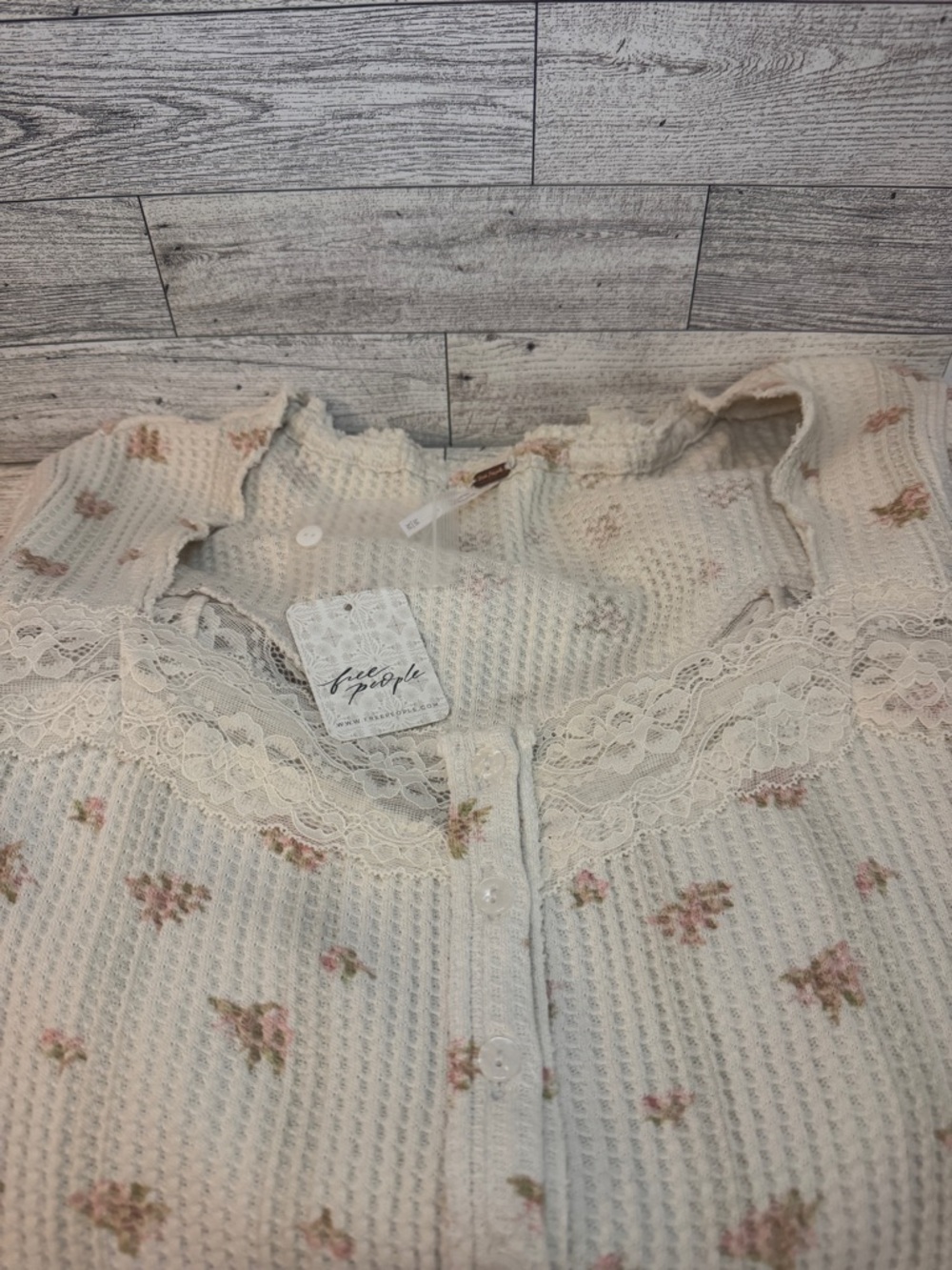 Free People
Let's Party Floral Lace Trim Cotton Waffle Knit Button-Up Top - Picture 6 of 6